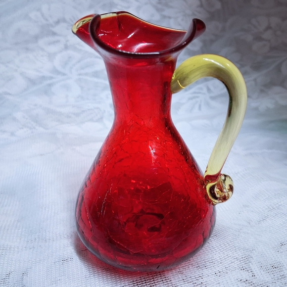 Vintage Blenko Amberina Crackle Glass Cruet Pitcher Bubble Stopper Red To Yellow - Picture 8 of 13